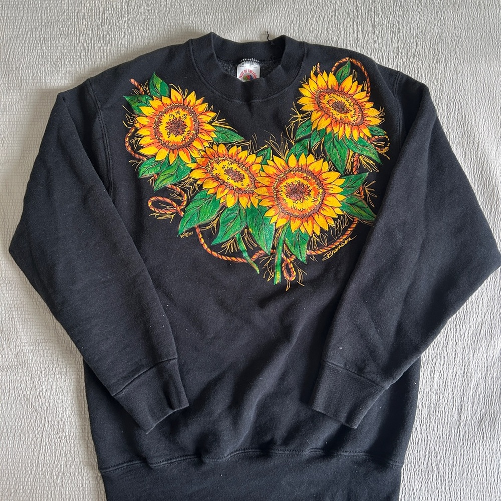 Fruit of the Loom Black and Yellow Crew Neck Sweater with Sunflower Design